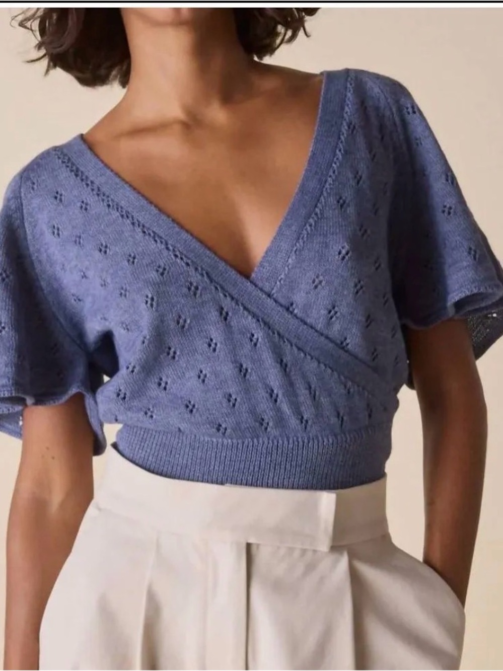 St. Roche V-Neck Knit Wrap Crop Top in Dusty Blue